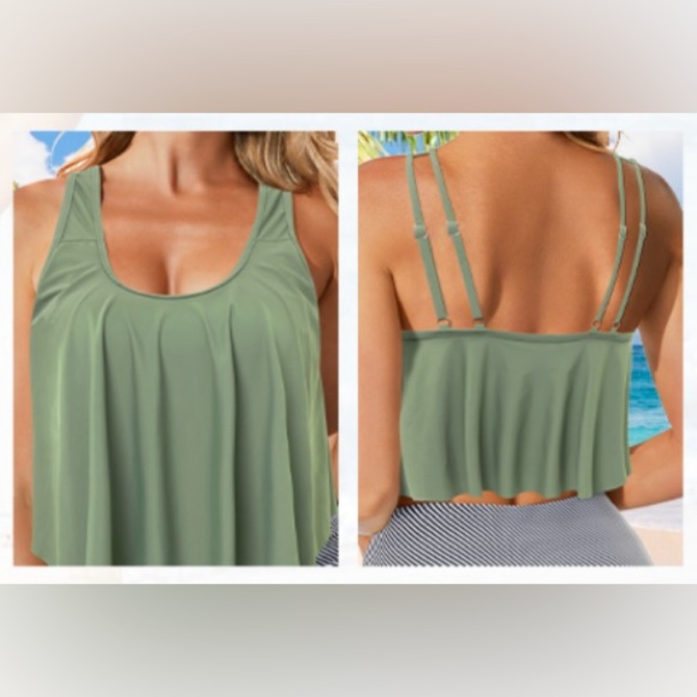 Olive Green Flared Tankini Top Size M - Picture 3 of 5